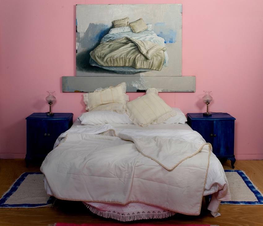 thumbnail of Cama (Bed) by spanish artist Manuel Quintana Martelo. medium: oil on wood. date: 2000. dimensions: 37.8 x 55.9 inches
