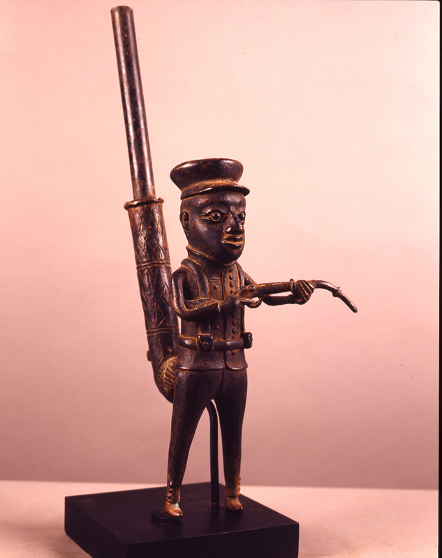 thumbnail of Pipe in form of German Soldier from Bamum, Cameroon. medium: bronze. date: unknown. height: 19 inches