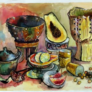 thumbnail of African Still Life by Russian American artist Yelena Tylkina. medium: watercolor on paper. date: 1999. date: 31 x 42 inches