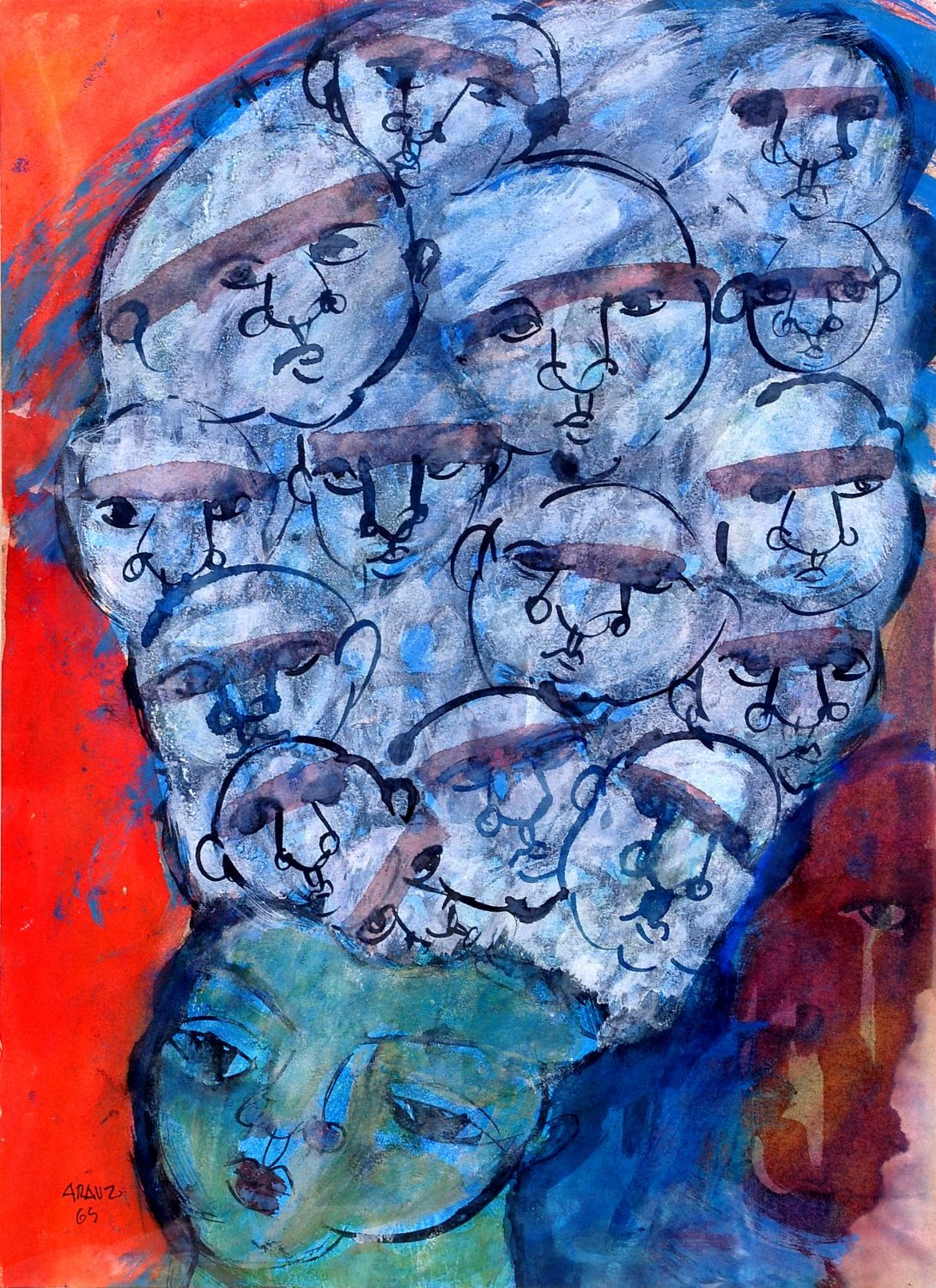 thumbnail of Thoughts Inside of My Head by Ecuadorian artist Feliz Arauz. medium: acrylic on canvas. Dimensions: 25.5 x 18 inches. date: 1965