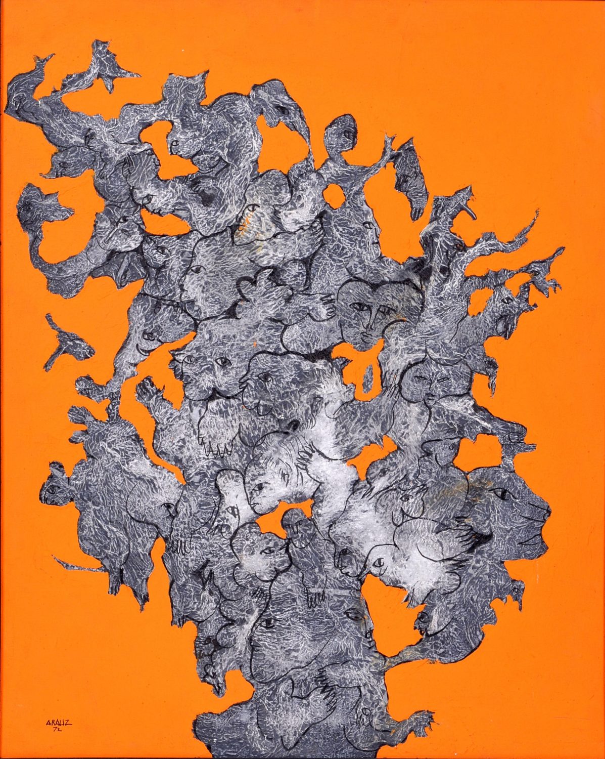 thumbnail of Dusk by Ecuadorian artist Feliz Arauz. medium: mixed media on canvas. Dimensions: 29.5 x 23 inches. date: 1972