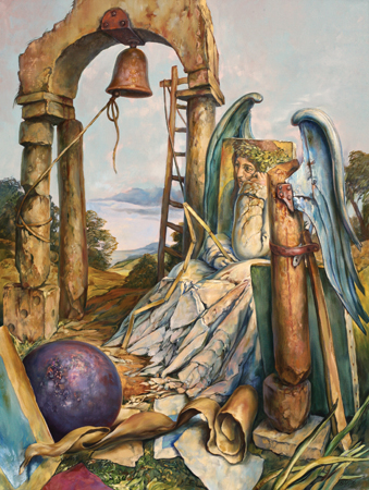 thumbnail of Guardian of Suspended Warnings by American artist Samuel Bak. medium: oil on canvas. date: 2006. dimensions: 40 x 30 in