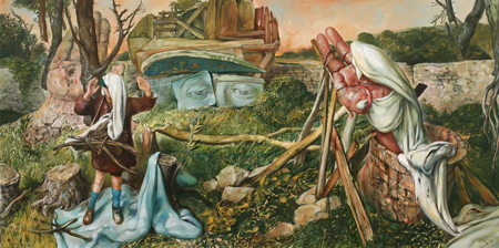 thumbnail of Abraham's Backyard by American artist Samuel Bak. medium: oil on canvas. date: 2008. dimensions: 24 x 48 in