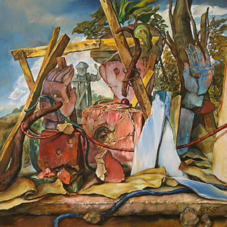 thumbnail of Landscape with Question Mark by American artist Samuel Bak. medium: oil on canvas. date: 2007. dimensions: 20 x 20 in