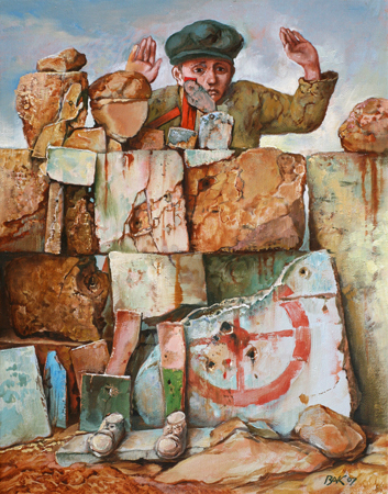 thumbnail of Study for Targeted by American artist Samuel Bak. medium: oil on canvas. date: 2007. dimensions: 14 x 11 in