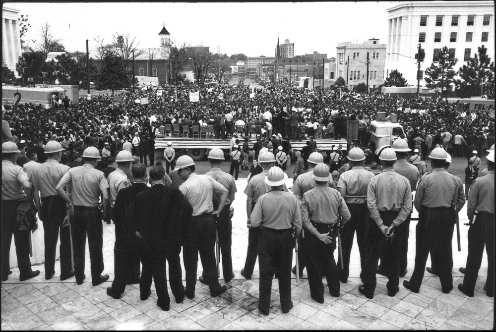 thumbnail of Alabama State Troopers guarding Dexter Ave. step to the state capitol, Montgomery by Dan Budnik. medium: silver gelatin print. date: March, 1965. dimensions: 7.75 x 11.75 inches