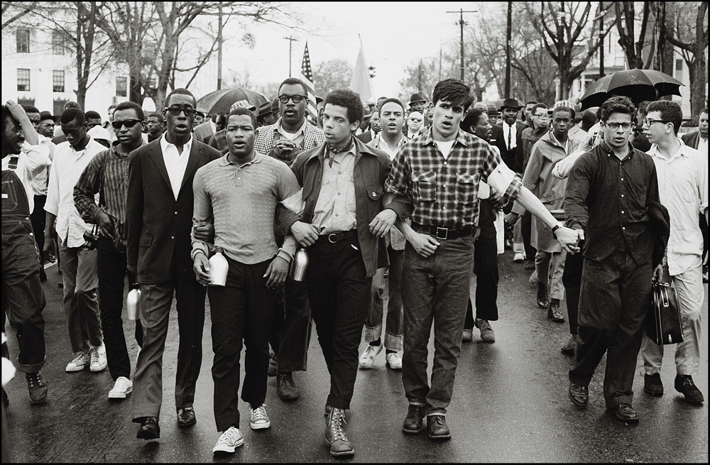 thumbnail of Voting rights protestors Marching to the Montgomery county courthouse by Dan Budnik. medium: silver gelatin print. date: March, 1965. dimensions: 11.75 x 17.625 inches