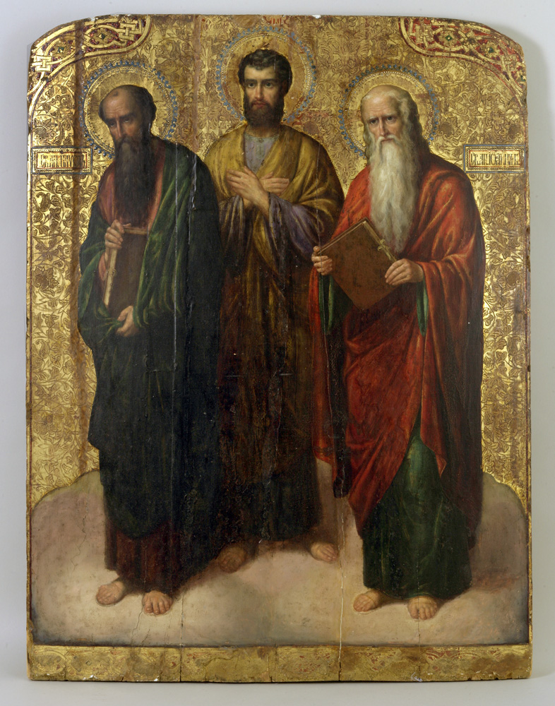 thumbnail of Apostles Paul, Mark, and John. artist: unknown. medium: egg tempera on wood. date: unknown.