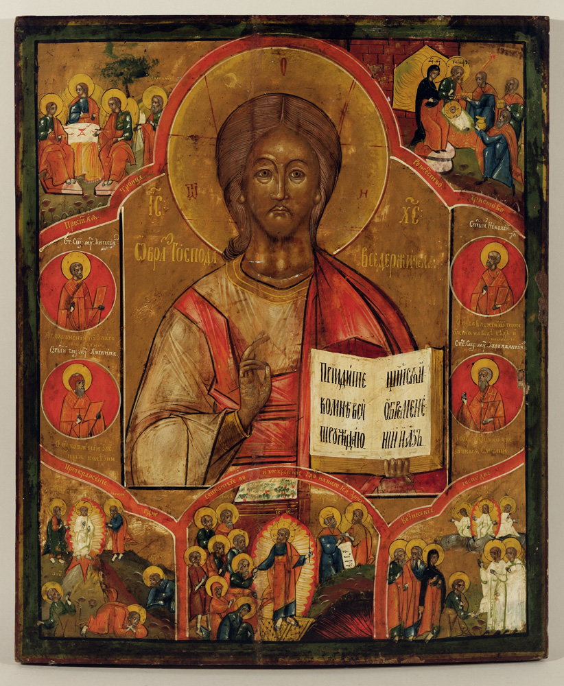 thumbnail of Unknown Egg Tempera on Wood Appearing in official Lordship position with the hands reflecting authority and the open gospel, in the left hand, indicating the transformation from the Old to the New. Abobe is represented by the Trinitarian formula of the Old Testament and the birth of Christ with the earthly kings in adoration position and submission to the King. Joining Christ Pantocrator to the top left is a portrait of St. Ciprianus “to whom you pray to be protected from evil Charmness”, as indicated in the writing under the medaglion . Under Ciprianus is represented St. Antipa,“to whom you pray if you have a toothache. To the right, center top, the artist has painted the portrait of St.Nicholas Miracle Worker,” to whom we pray for the protection from drowning” and under him is St.Kharalampius, “to whom you pray against sudden death.” Below the Transfiguration, Resurrection, and Ascension, the Apostles’ empowerment of the Gospel and Christ sitting at the ‘Right Side’ of the Father--the New Testament Trinitary representation.