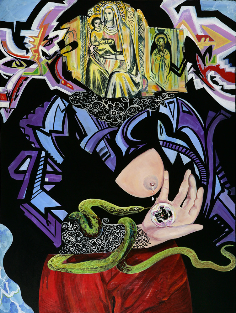 thumbnail of Madonna and Snake by russian american artist Yelena Tylkina. medium: acrylic on canvas. Date: 2003 to 2007. dimensions: 36 x 48 inches
