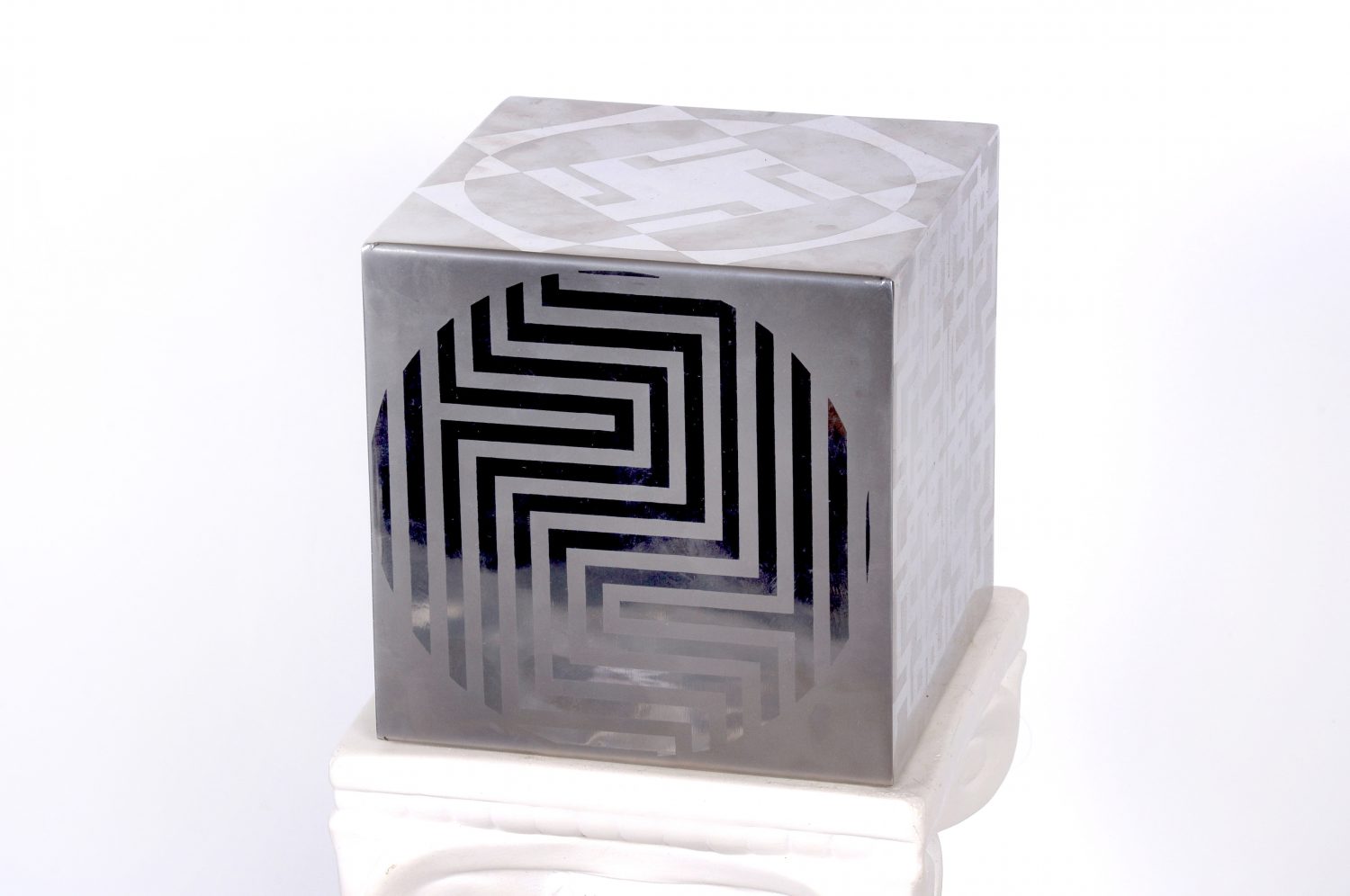 thumbnail of Cube One by Ecuadorian artist Estuardo Maldonado. medium: Stainless steel. Dimensions: 5.9 x 5.9 x 5.9 inches. date: unknown