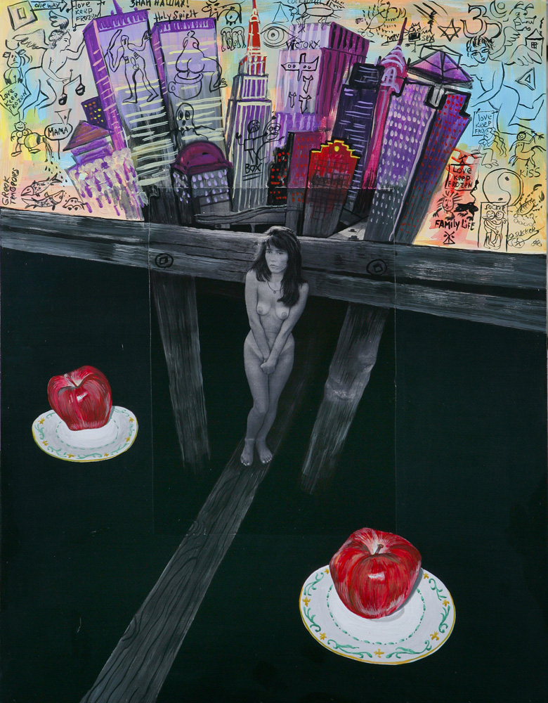 thumbnail of Manhattan and Eve by russian american artist Yelina Tylkina. medium: mixed media on wood. date: 1998. dimensions: 27 x 19 x 3 inches