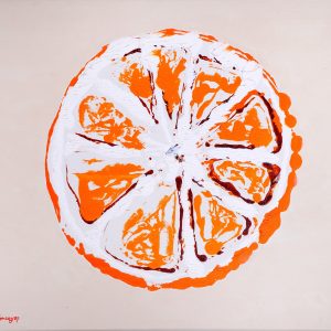 thumbnail of The orange was born green by Ecuadorian artist More Humberto. medium: mixed media on canvas. Dimensions: 27 x 35 inches. date: 1978