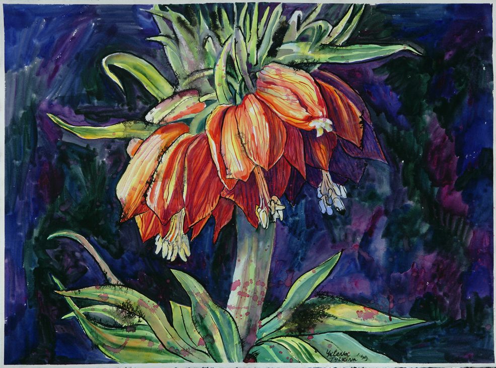 Night Flower by Russian American artist Yelena Tylkina. medium: watercolor on paper. date: 1999. dimensions: 31 x 42 inches