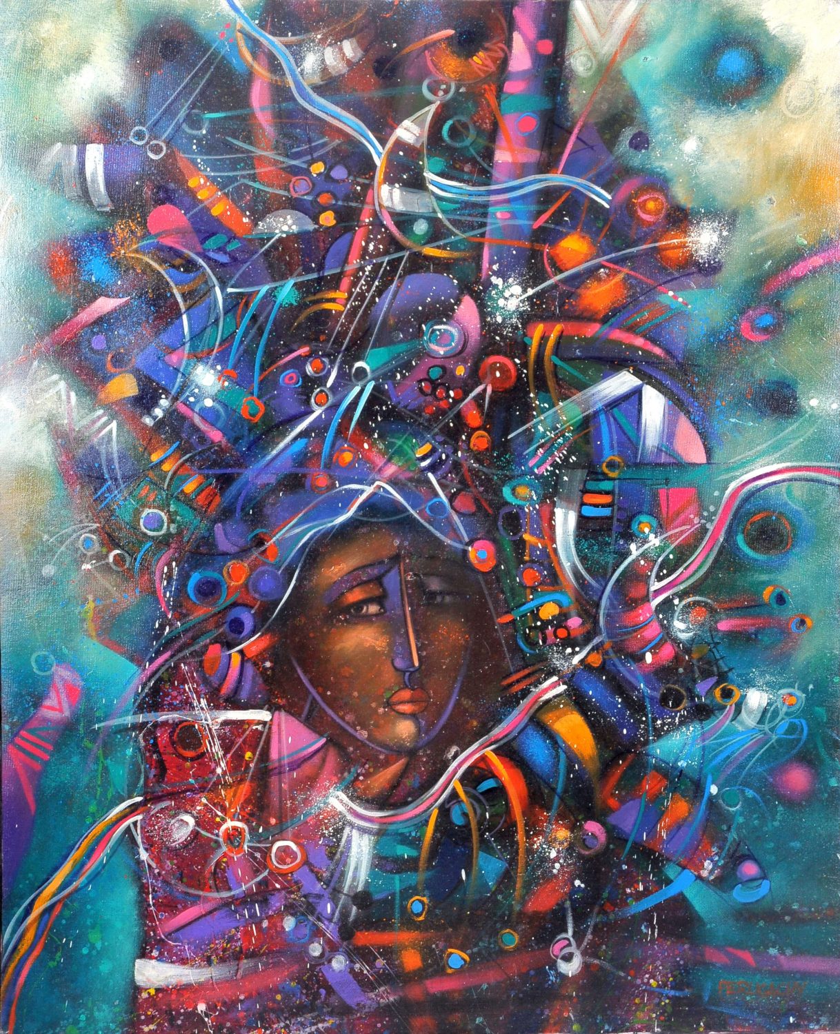 thumbnail of Andean Woman Series by Ecuadorian artist Jorge Perugachi. medium: acrylic on canvas. Dimensions: 43.3 x 35.4 inches. date: 1989