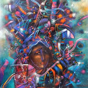 thumbnail of Andean Woman Series by Ecuadorian artist Jorge Perugachi. medium: acrylic on canvas. Dimensions: 43.3 x 35.4 inches. date: 1989