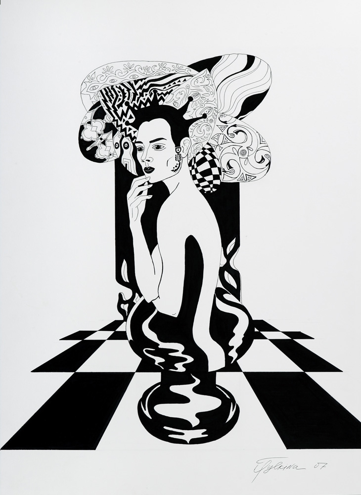 thumbnail of Queen Pondering Her Move by Russian American artist Yelena Tylkina. medium: ink on paper. date: 2007. dimensions: 22 x 30 inches