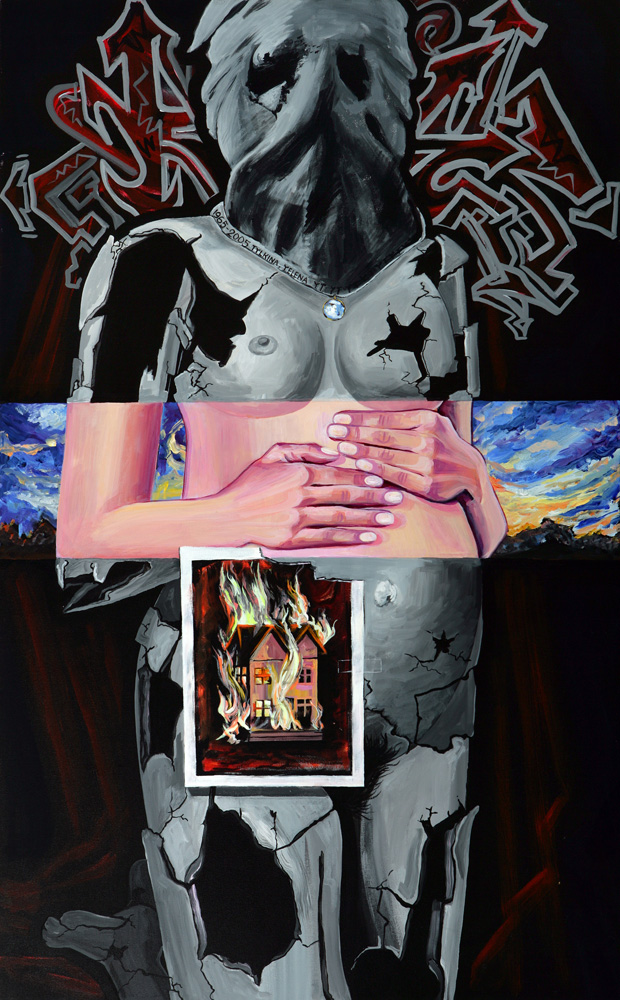 thumbnail of Queen of Burning House by russian american artist Yelena Tylkina. medium: acrylic on canvas. date: 2002 - 2005. dimensions: 30 x 48 inches