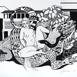 thumbnail of Reptile Ride by Russian American artist Yelena Tylkina. medium: ink on paper. date: 2007. dimensions: 22 x 30 inches