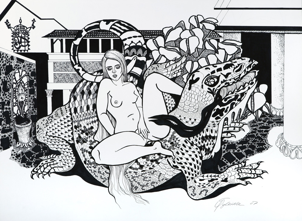 thumbnail of Reptile Ride by Russian American artist Yelena Tylkina. medium: ink on paper. date: 2007. dimensions: 22 x 30 inches