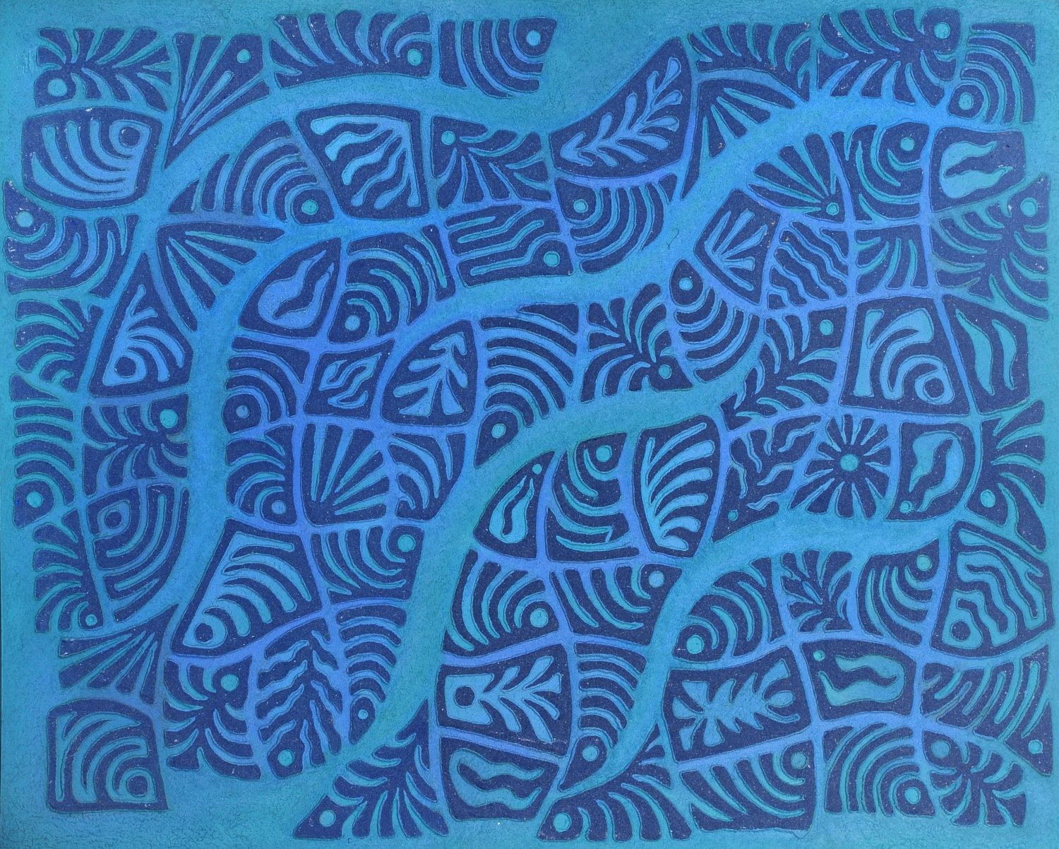 thumbnail of Vegetable sea by Ecuadorian artist Mónica Sarmiento. medium: mixed media on wood. Dimensions: 31.5 x 39 inches. date: 2003