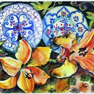 thumbnail of Spanish Plates by Russian American artist Yelena Tylkina. medium: watercolor on paper. date: 2001. dimensions: 31 x 42 inches