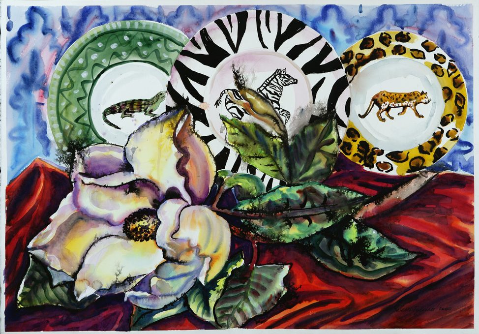 thumbnail of Three Plates by Russian American artist Yelena Tylkina. medium: watercolor on paper. date: 2001. dimensions: 31 x 42 inches