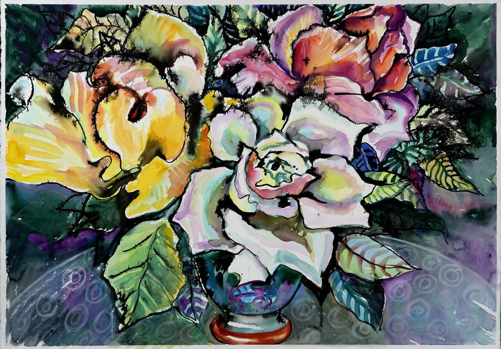 thumbnail of Three Roses by Russian American artist Yelena Tylkina. medium: watercolor on paper. date: 2000. dimensions: 31 x 42 inches.