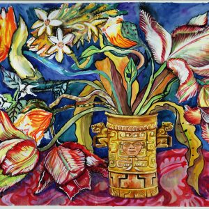 thumbnail of Tulips in Mexican Vase by Russian American artist Yelena Tylkina. medium: watercolor on paper. date: 2000. dimensions: 31 x 42 inches