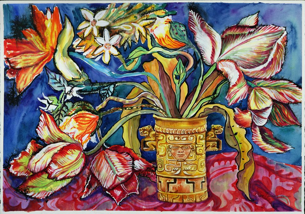 thumbnail of Tulips in Mexican Vase by Russian American artist Yelena Tylkina. medium: watercolor on paper. date: 2000. dimensions: 31 x 42 inches