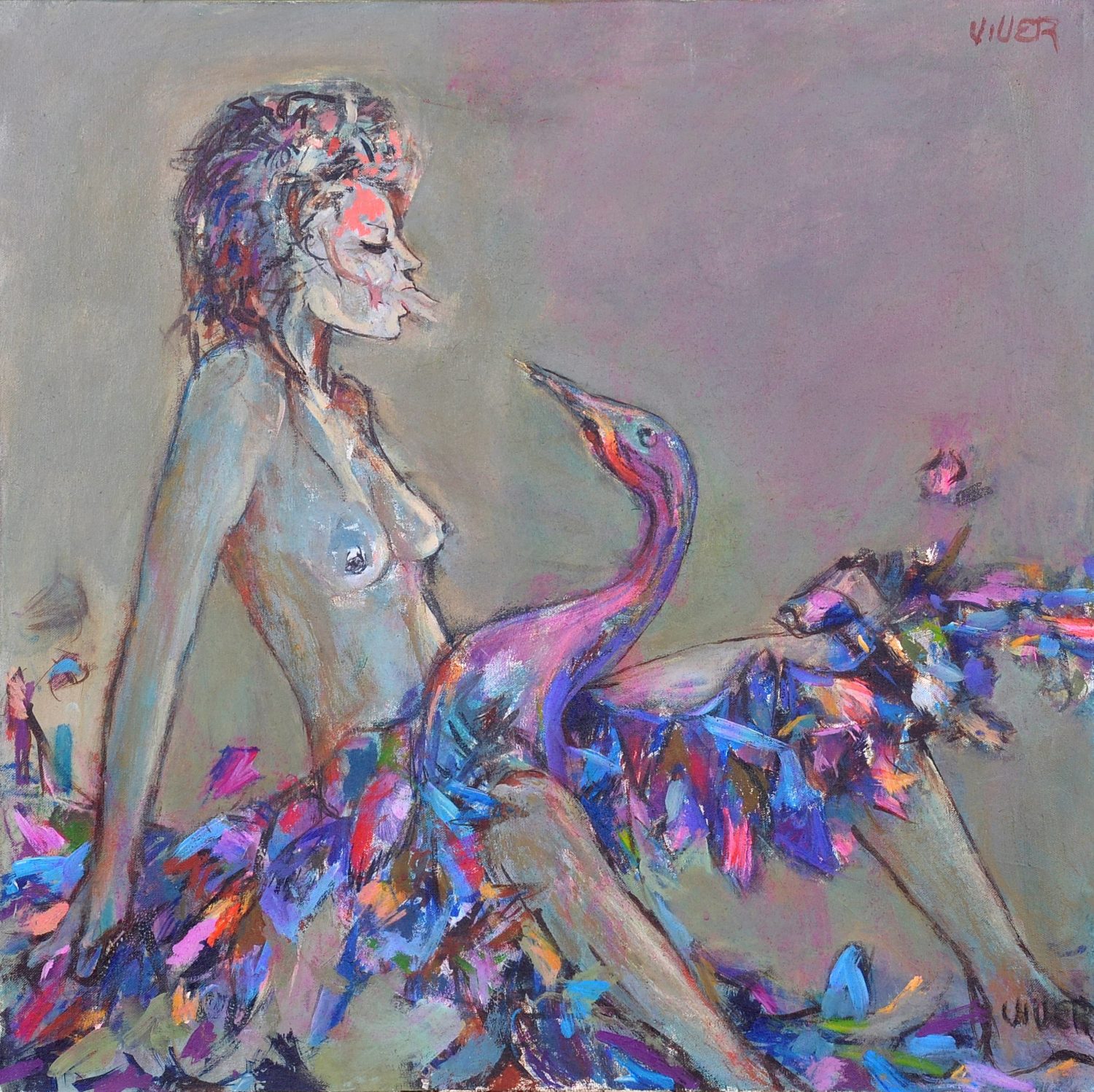 thumbnail of Leda and the Swan by Ecuadorian artist Carlos Viver. medium: acrylic on canvas. Dimensions: 23.6 x 23.6 inches. date: 1968