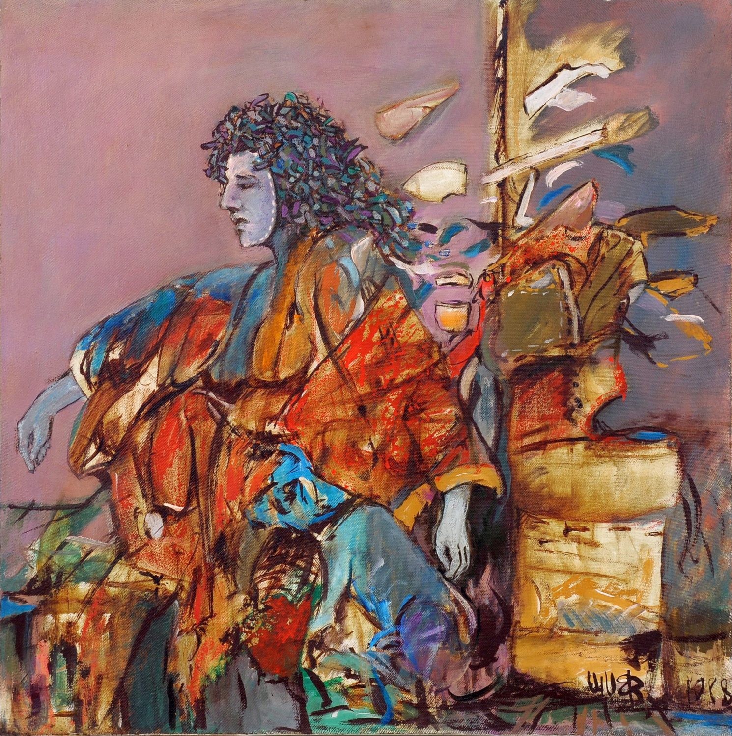 thumbnail of Character and dog pondering by Ecuadorian artist Carlos Viver. medium: acrylic on canvas. Dimensions: 23.5 x 23.5 inches. date: 1967