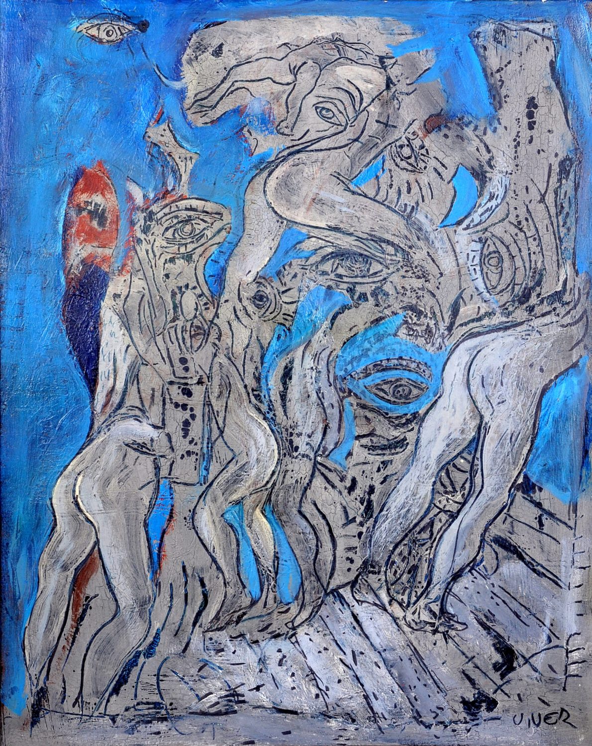 thumbnail of Visions of the Voyeurist by Ecuadorian artist Carlos Viver. medium: mixed media on canvas. Dimensions: 39 x 32 inches. date: 2000