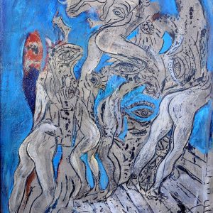 thumbnail of Visions of the Voyeurist by Ecuadorian artist Carlos Viver. medium: mixed media on canvas. Dimensions: 39 x 32 inches. date: 2000