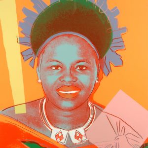 thumbnail of Queen Ntomby Twala 2 by Andy Warhol from New York, U.S. medium: Screen print in color with diamond dust on Lenox Museum Board. date: 1985. dimensions: 38.875 x 31.5 inches.