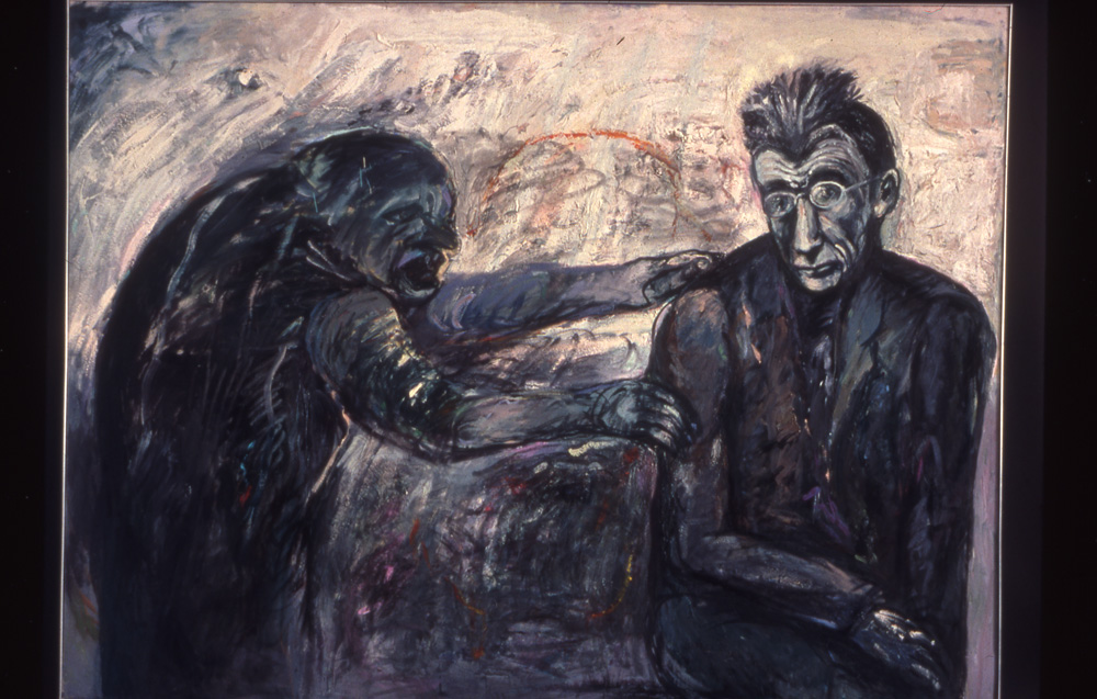 thumbnail of Beckett's Muse by artist Miriam Beerman. medium: oil on canvas. date: 1990. dimensions: 72 x 96 inches