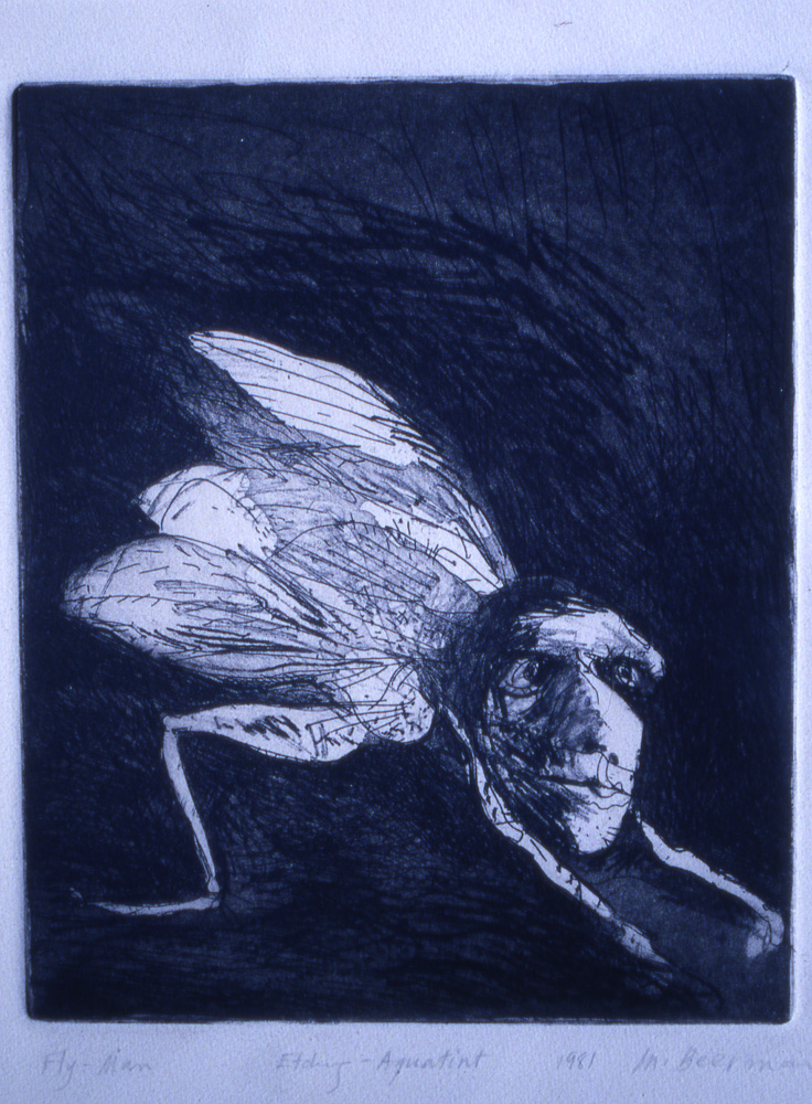 thumbnail of Fly-man by artist Miriam Beerman. medium: etching-aquatint on paper. date: 1981. dimensions: 25.5 x 19.5 inches