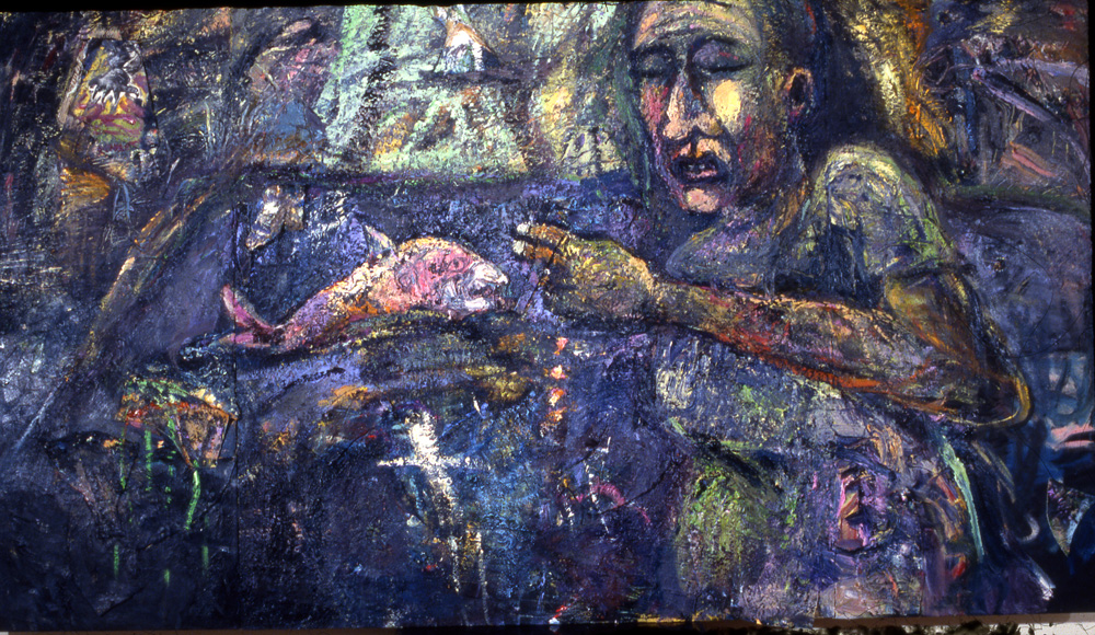 thumbnail of Gulag, Feeding the Muse by artist Miriam Beerman. medium: oil on canvas. date: 1990. dimensions: 58 x 103.5 inches