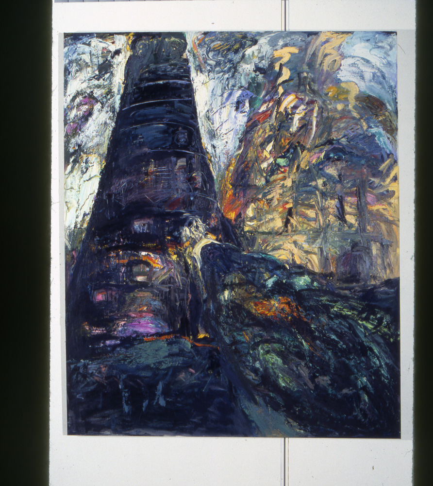 thumbnail of O The Chimneys, Part II by artist Miriam Beerman. medium: oil, mixed media on canvas. date: 1990. dimensions: 71.5 x 59.5 inches
