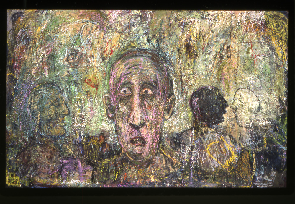 thumbnail of Oswiecim (Early Version) by artist Miriam Beerman. medium: oil collage on canvas. date: 1999. dimensions: 72 x 117 inches