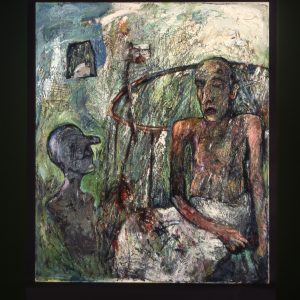 thumbnail of Existenz by artist Miriam Beerman. medium: oil on canvas, mirror shard. date: 1997. dimensions: 77 x 65 inches