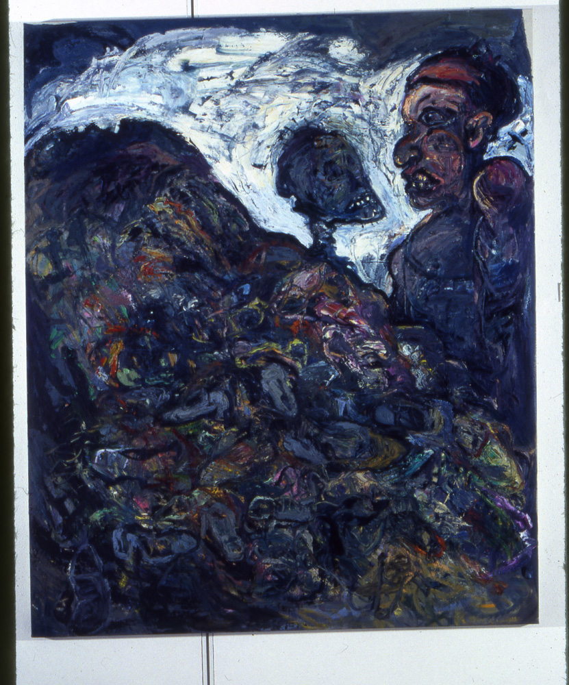 thumbnail of O The Chimneys, Part I by artist Miriam Beerman. medium: oil, mixed media on canvas. date: 1990. dimensions: 71.5 x 59.5 inches