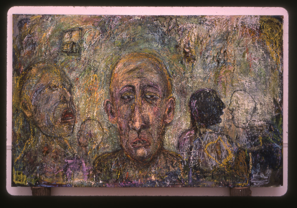 thumbnail of Oswiecim (Later Version) by artist Miriam Beerman. medium: oil collage on canvas. date: 1999. dimensions: 72 x 117 inches