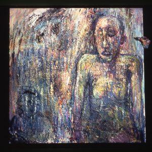 thumbnail of Shower I by artist Miriam Beerman. medium: oil and mixed media on canvas. date: 1994. dimensions: 64 x 64 inches