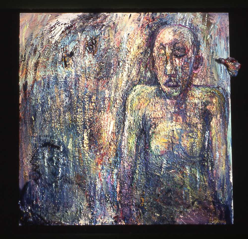 thumbnail of Shower I by artist Miriam Beerman. medium: oil and mixed media on canvas. date: 1994. dimensions: 64 x 64 inches