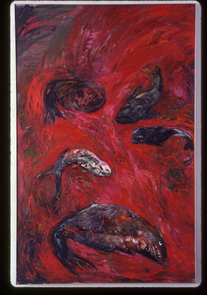 thumbnail of River of Blood, from the Plague Series by artist Miriam Beerman. medium: oil on canvas. date: 1986. dimensions: 98.25 x 63.75 inches