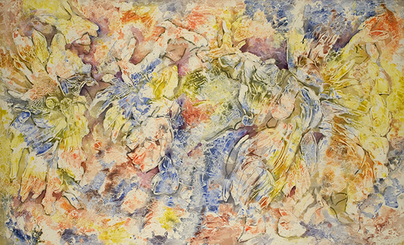 thumbnail of Winter Petals, Powwow series #2 by artist Kebedech Tekleab acrylic on canvas, 1993 70x44 inches