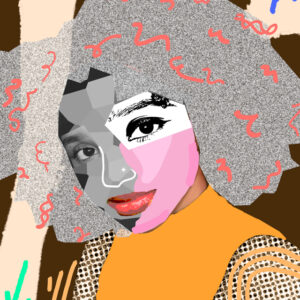 Self-portrait in the Style of Mickalene Thomas by artist Joli Ramos. Digital collage, 2022. 12x9 inches