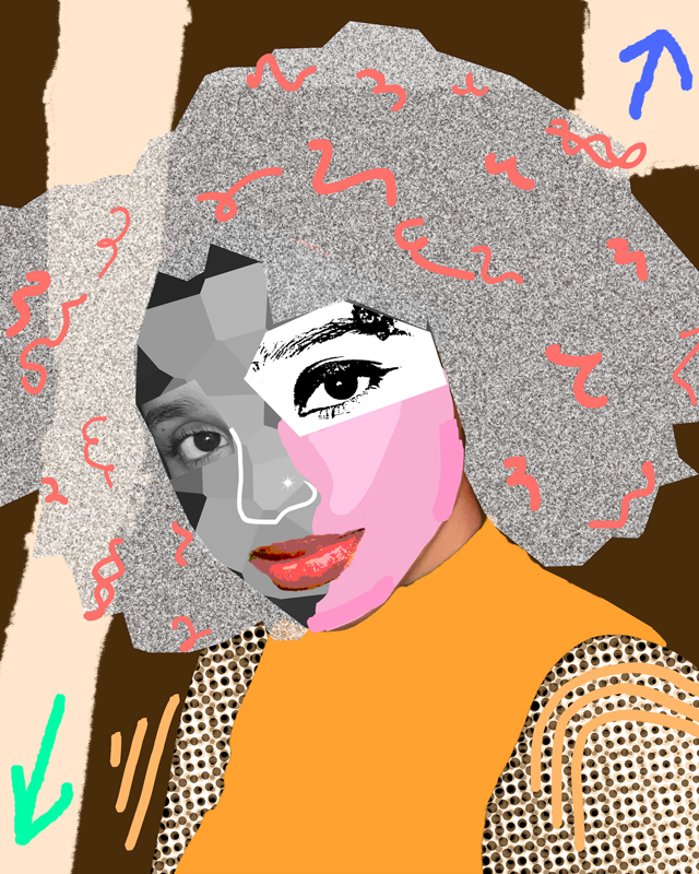 Self-portrait in the Style of Mickalene Thomas by artist Joli Ramos. Digital collage, 2022. 12x9 inches