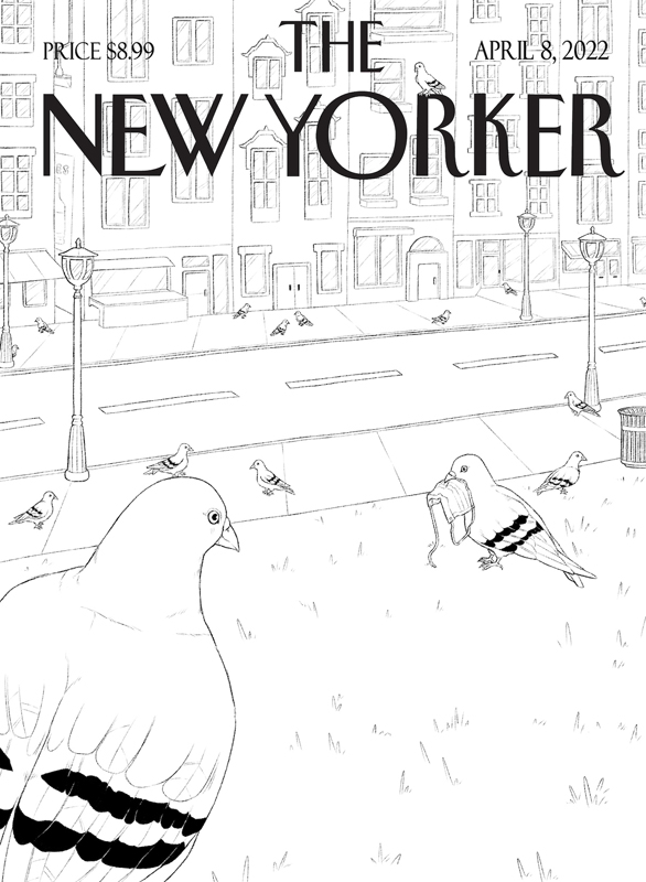 thumbnail of The New Yorker, Pigeons of the City by artist Sharon Whinston. Digital illustration, 2022. 8x6 inches